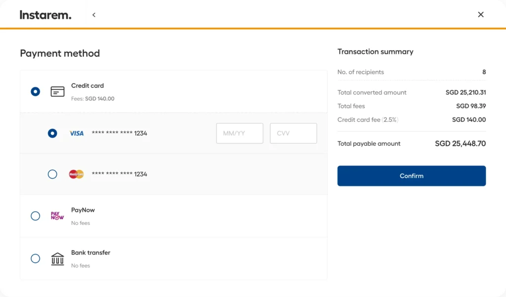 Creditcard payment tabs screenshot